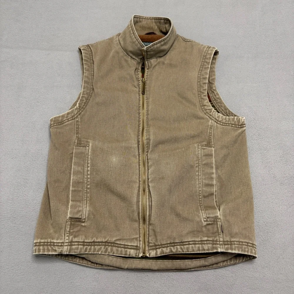 Woolrich Vest Mens M Tan Canvas Striped Fleece Lined Full Zip Rugged Workwear
